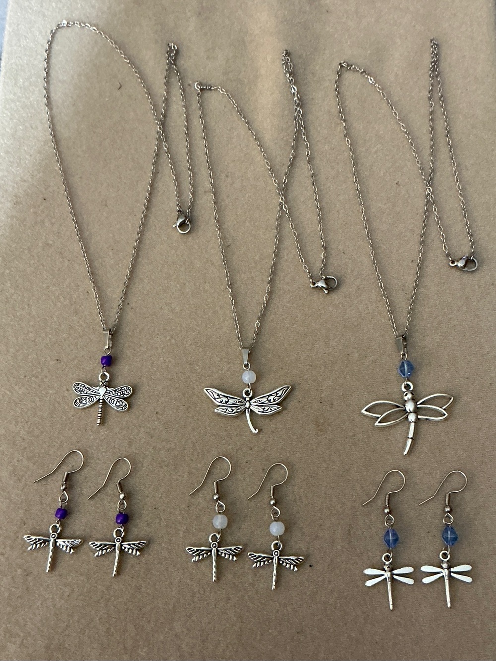 Silver Dragonfly Necklace and Earring Sets -Purple, White, Blue